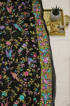 Black Hand Embroidered Parsi Gara Pure Georgette Dupatta - Luxurion World
