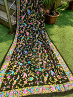 Black Hand Embroidered Parsi Gara Pure Georgette Dupatta - Luxurion World