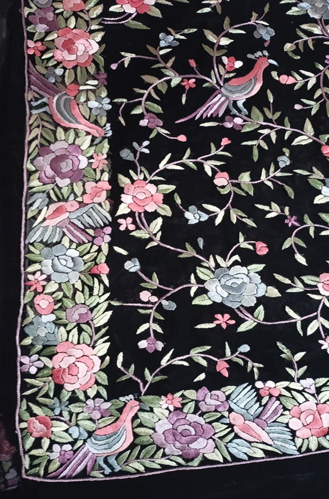 Black Hand Embroidered Parsi Gara Pure Georgette Floral And Bird Design Saree
