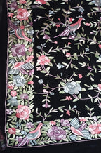 Black Hand Embroidered Parsi Gara Pure Georgette Floral And Bird Design Saree - Luxurion World