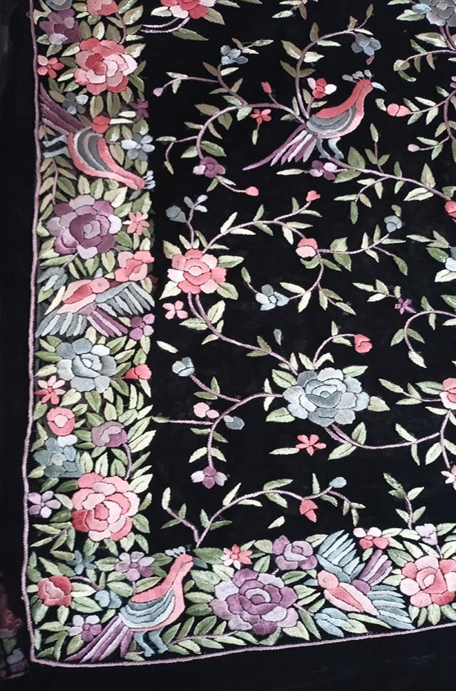 Black Hand Embroidered Parsi Gara Pure Georgette Floral And Bird Design Saree - Luxurion World