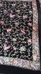 Black Hand Embroidered Parsi Gara Pure Georgette Floral And Bird Design Saree - Luxurion World