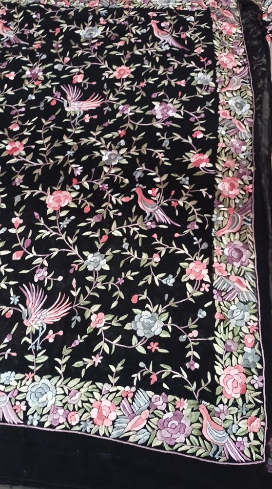 Black Hand Embroidered Parsi Gara Pure Georgette Floral And Bird Design Saree - Luxurion World