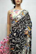 Black Hand Embroidered Parsi Gara Pure Georgette Floral And Bird Design Saree - Luxurion World
