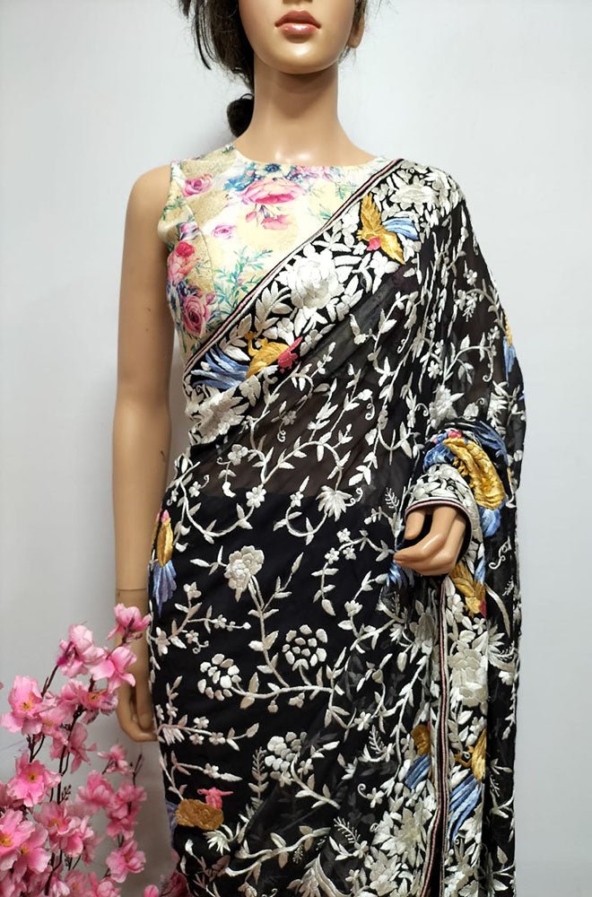 Black Hand Embroidered Parsi Gara Pure Georgette Floral And Bird Design Saree - Luxurion World