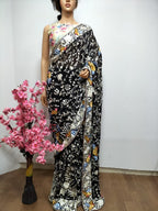 Black Hand Embroidered Parsi Gara Pure Georgette Floral And Bird Design Saree - Luxurion World