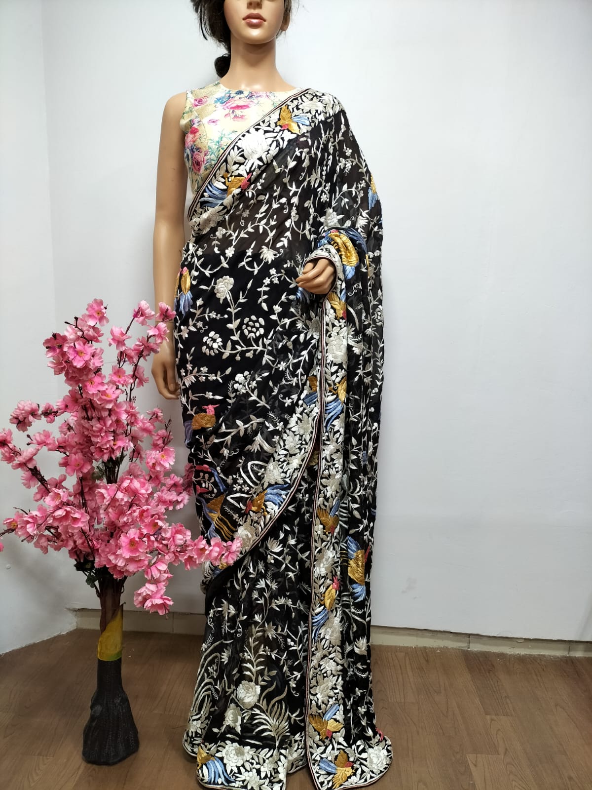 Black Hand Embroidered Parsi Gara Pure Georgette Floral And Bird Design Saree - Luxurion World