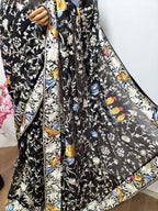 Black Hand Embroidered Parsi Gara Pure Georgette Floral And Bird Design Saree - Luxurion World