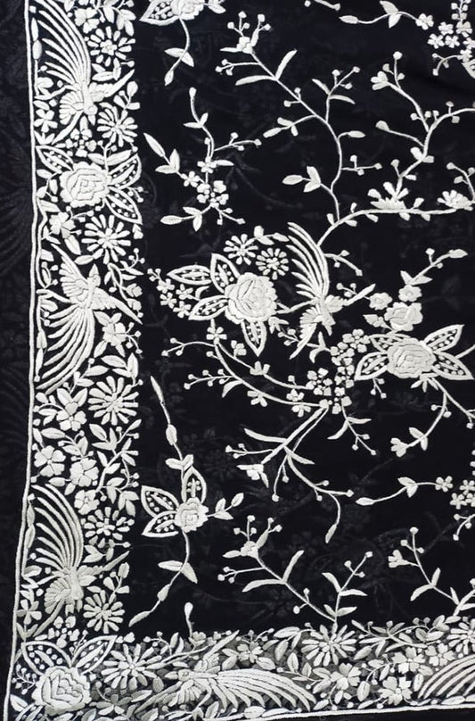 Black Hand Embroidered Parsi Gara Pure Georgette Floral And Bird Design Saree - Luxurion World