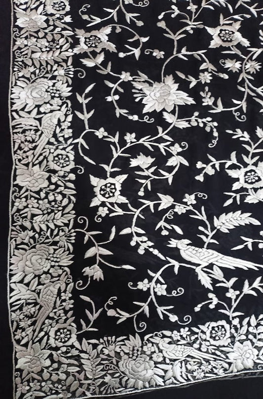 Black Hand Embroidered Parsi Gara Pure Georgette Floral And Bird Design Saree