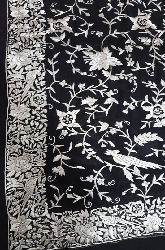 Black Hand Embroidered Parsi Gara Pure Georgette Floral And Bird Design Saree - Luxurion World