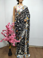 Black Hand Embroidered Parsi Gara Pure Georgette Floral And Bird Design Saree - Luxurion World