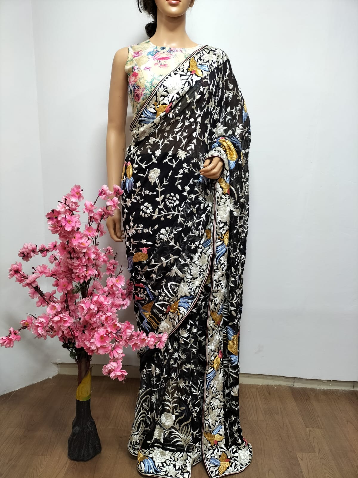 Black Hand Embroidered Parsi Gara Pure Georgette Floral And Bird Design Saree - Luxurion World