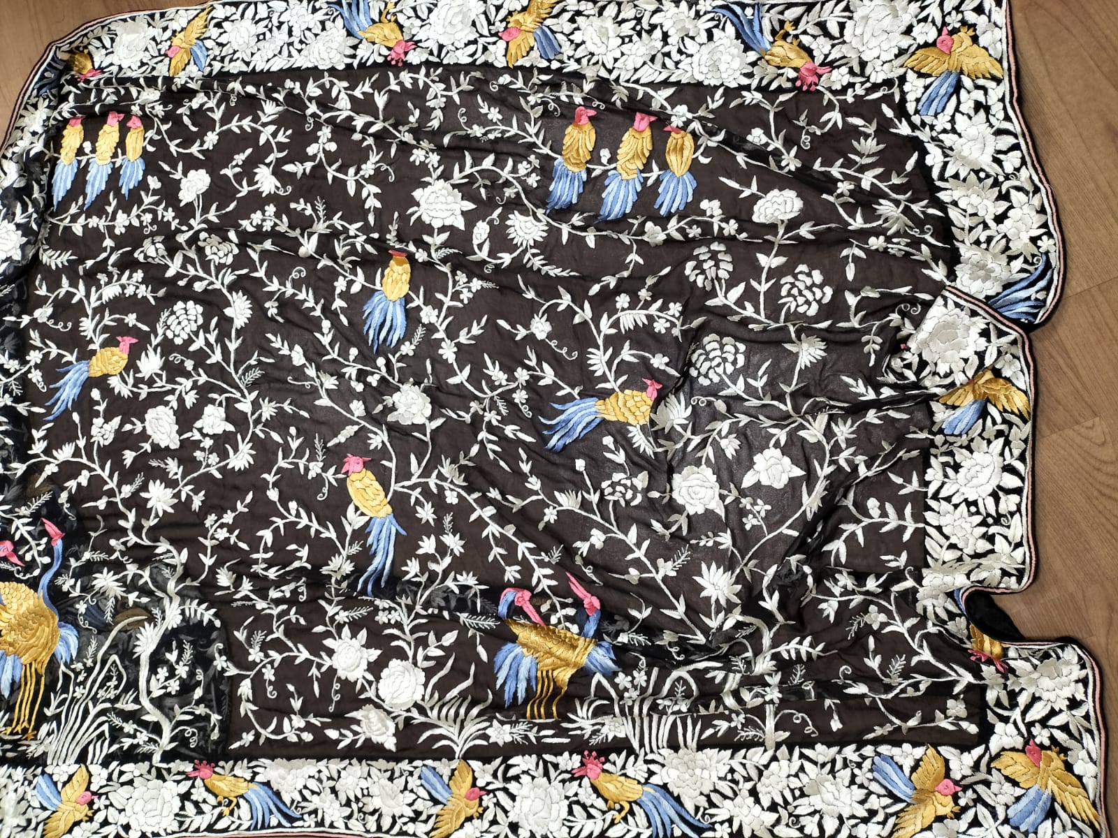 Black Hand Embroidered Parsi Gara Pure Georgette Floral And Bird Design Saree - Luxurion World