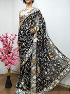 Black Hand Embroidered Parsi Gara Pure Georgette Floral And Bird Design Saree - Luxurion World