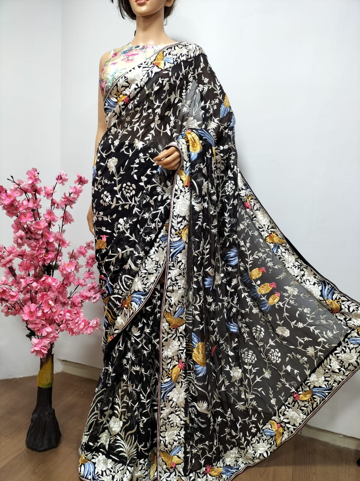 Black Hand Embroidered Parsi Gara Pure Georgette Floral And Bird Design Saree - Luxurion World