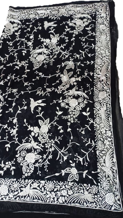 Black Hand Embroidered Parsi Gara Pure Georgette Floral And Bird Design Saree - Luxurion World