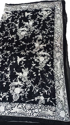 Black Hand Embroidered Parsi Gara Pure Georgette Floral And Bird Design Saree - Luxurion World