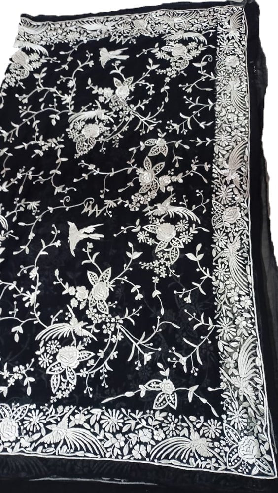 Black Hand Embroidered Parsi Gara Pure Georgette Floral And Bird Design Saree - Luxurion World