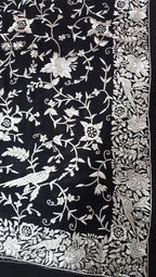 Black Hand Embroidered Parsi Gara Pure Georgette Floral And Bird Design Saree - Luxurion World