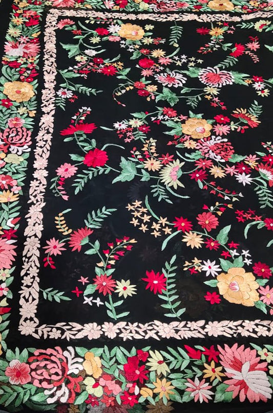 Black Hand Embroidered Parsi Gara Pure Georgette Floral Design Saree - Luxurion World