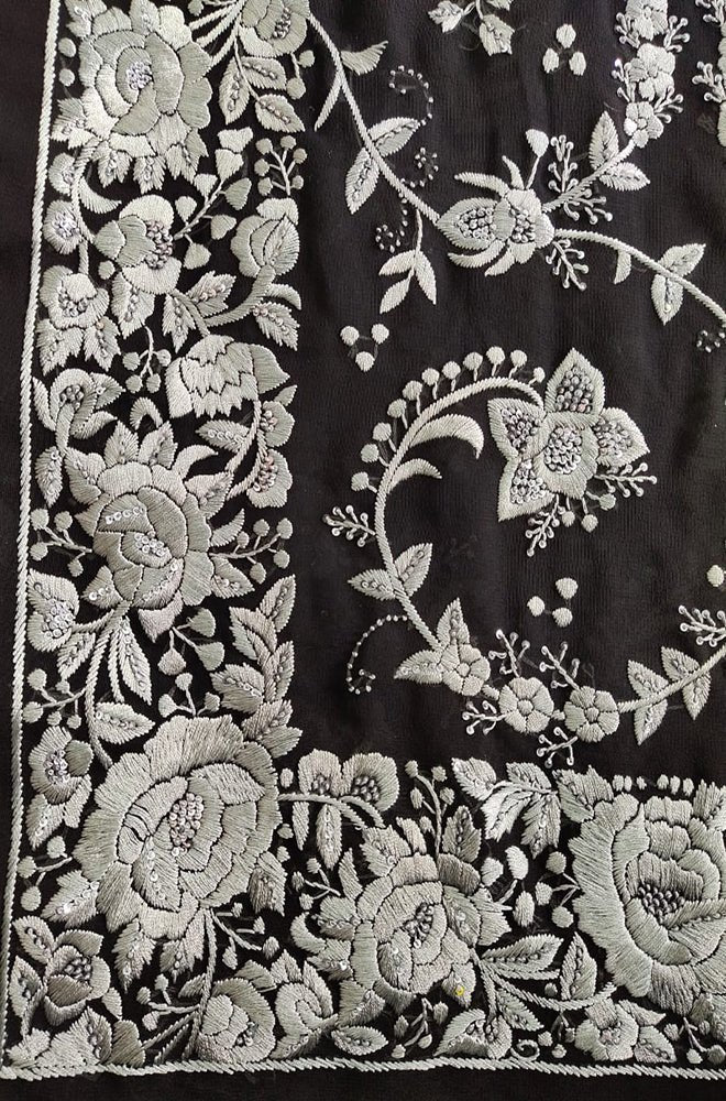 Black Hand Embroidered Parsi Gara Pure Georgette Floral Design Saree - Luxurion World