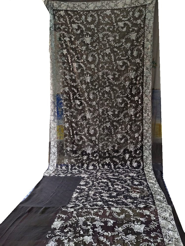 Black Hand Embroidered Parsi Gara Pure Georgette Floral Design Saree - Luxurion World
