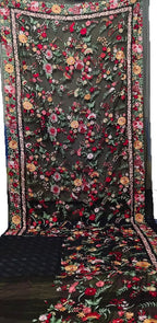 Black Hand Embroidered Parsi Gara Pure Georgette Floral Design Saree - Luxurion World