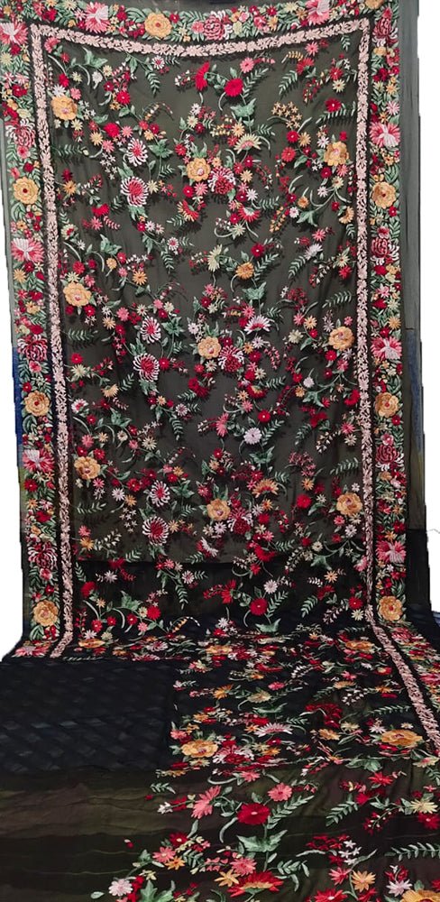 Black Hand Embroidered Parsi Gara Pure Georgette Floral Design Saree - Luxurion World