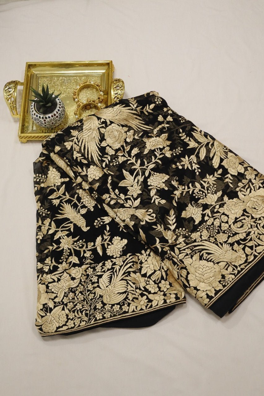Black Hand Embroidered Parsi Gara Pure Georgette Saree - Luxurion World