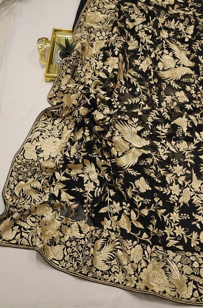 Black Hand Embroidered Parsi Gara Pure Georgette Saree - Luxurion World