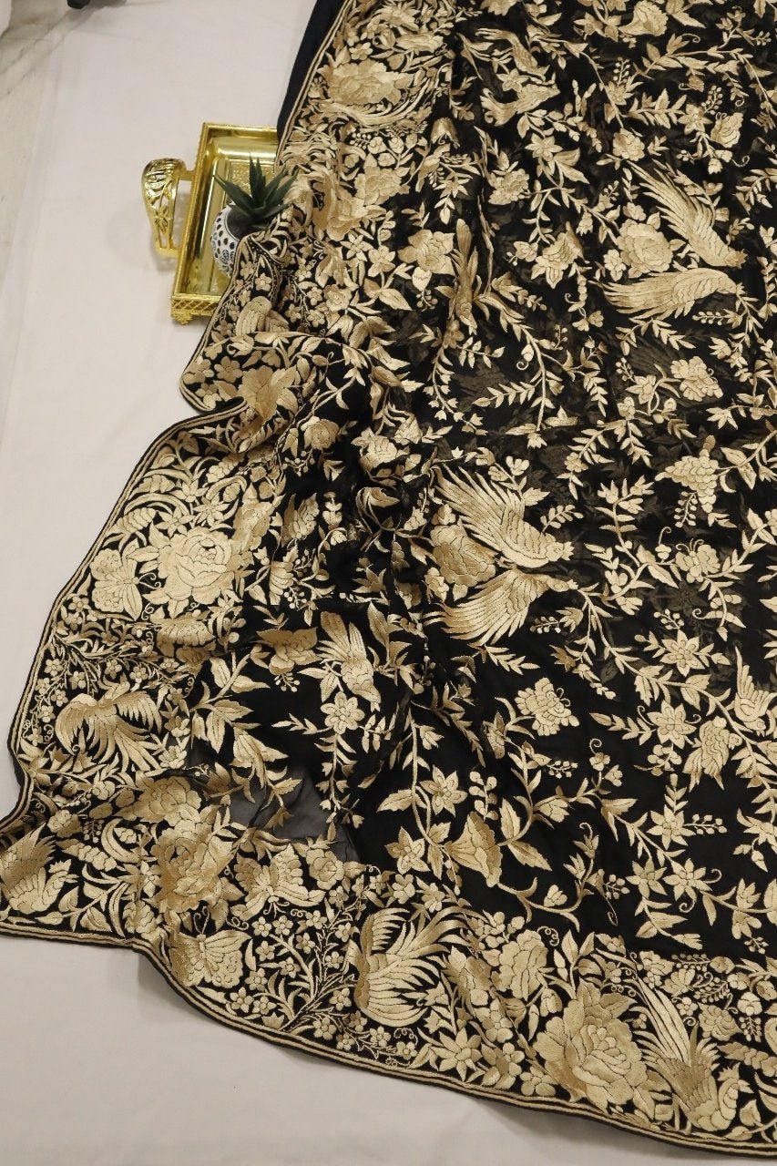 Black Hand Embroidered Parsi Gara Pure Georgette Saree - Luxurion World