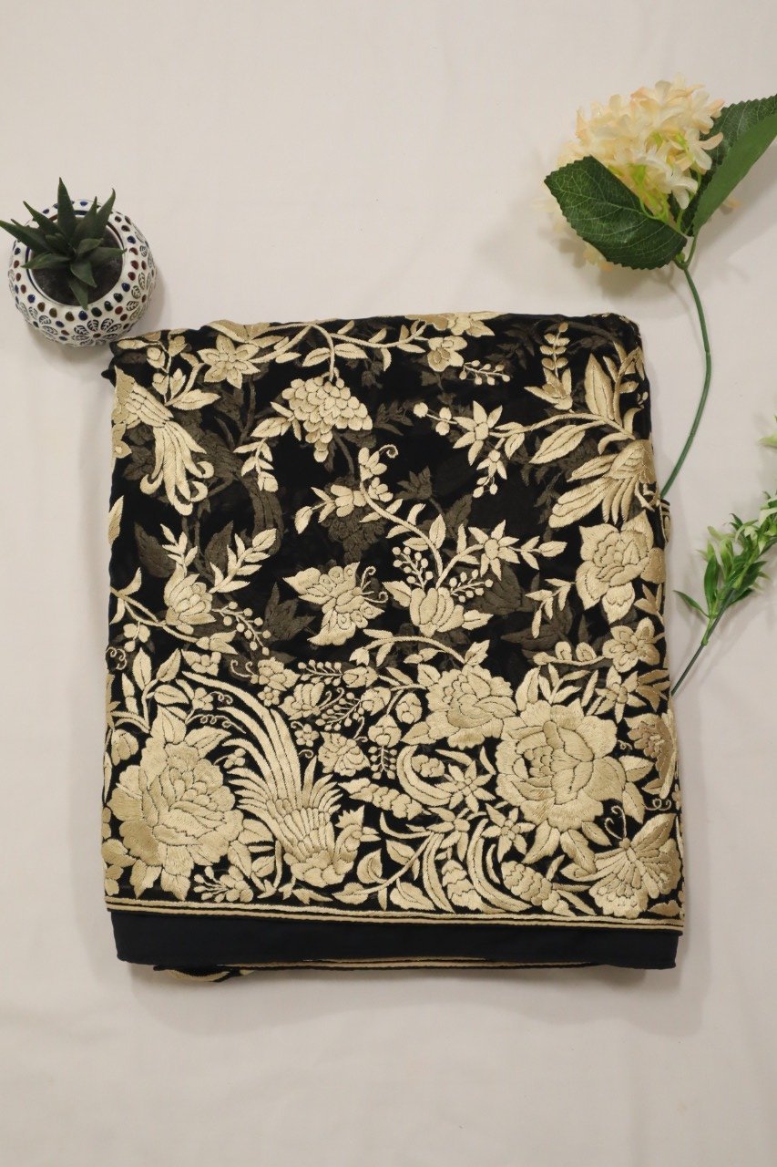 Black Hand Embroidered Parsi Gara Pure Georgette Saree - Luxurion World