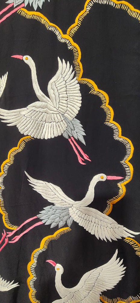 Black Hand Embroidered Parsi Work Pure Crepe Unstitched Jacket - Luxurion World