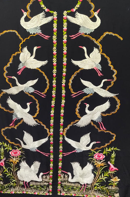 Black Hand Embroidered Parsi Work Pure Crepe Unstitched Jacket - Luxurion World