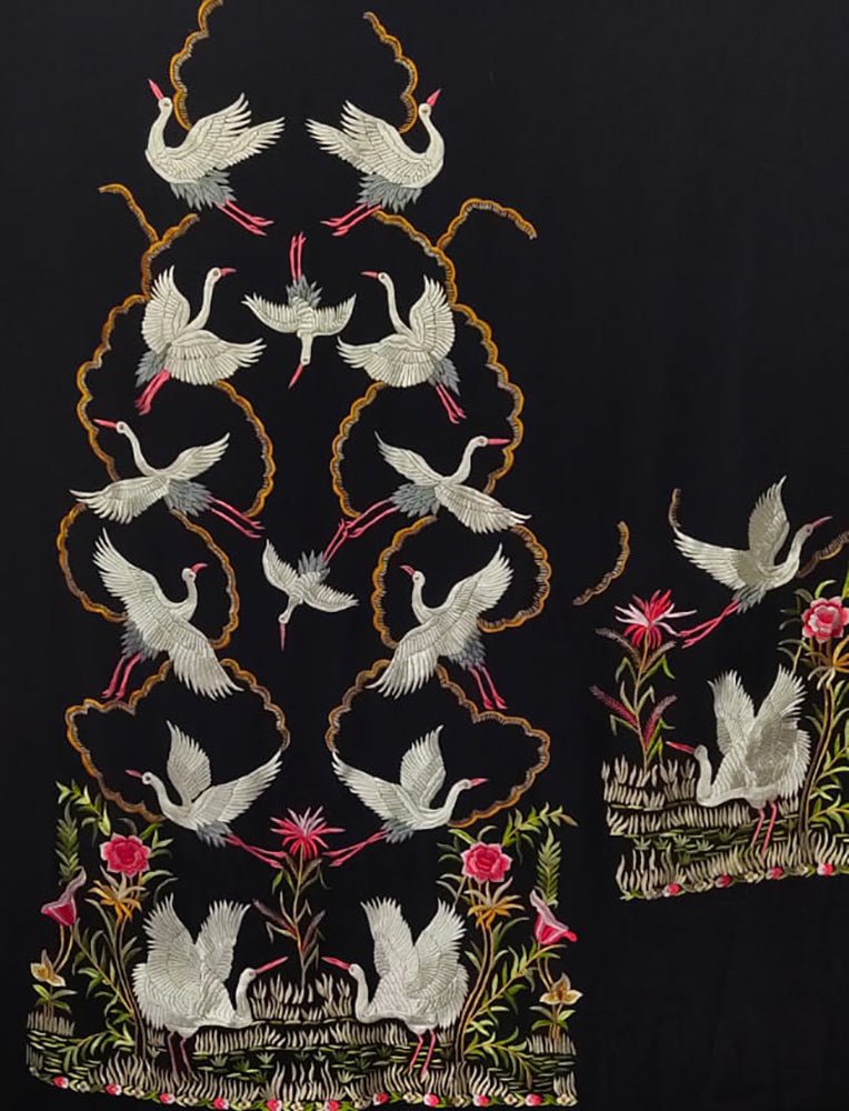 Black Hand Embroidered Parsi Work Pure Crepe Unstitched Jacket - Luxurion World