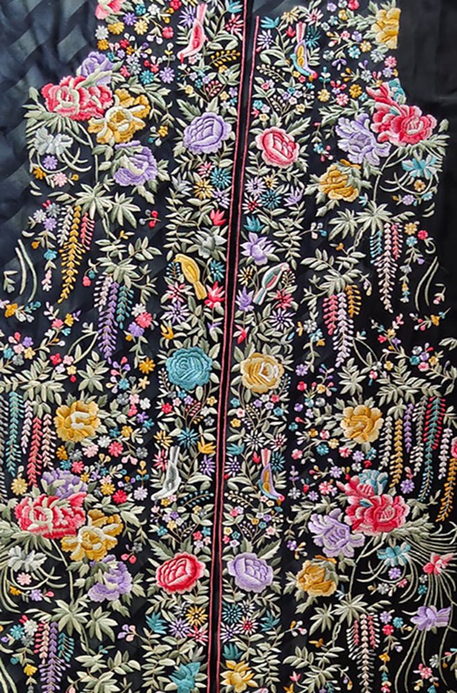 Black Hand Embroidered Parsi Work Pure Georgette Unstitched Jacket - Luxurion World
