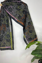 Black Hand Embroidered Reverse Kantha Pure Bangalore Silk Stole - Luxurion World