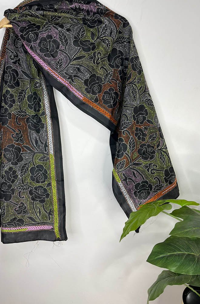 Black Hand Embroidered Reverse Kantha Pure Bangalore Silk Stole - Luxurion World