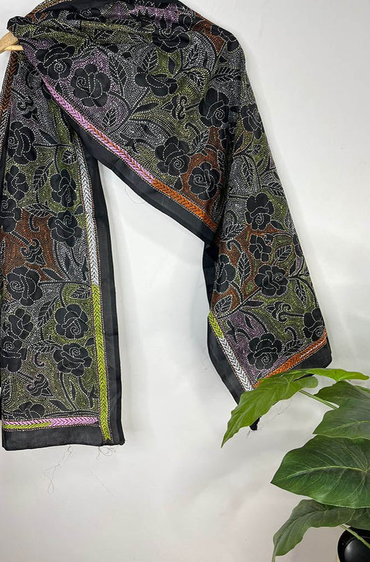 Black Hand Embroidered Reverse Kantha Pure Bangalore Silk Stole - Luxurion World