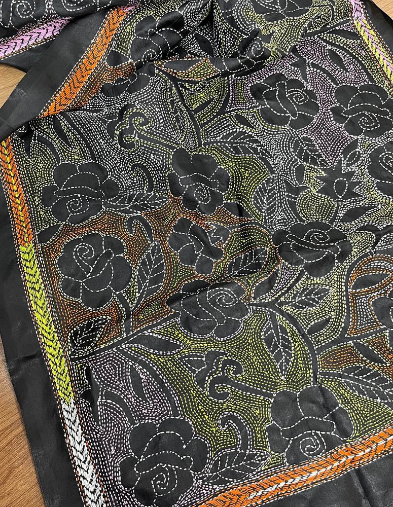 Black Hand Embroidered Reverse Kantha Pure Bangalore Silk Stole - Luxurion World