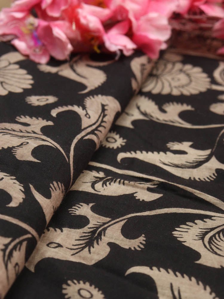 Black Hand Painted Kalamkari Pure Cotton Fabric ( 0.8 Mtr ) - Luxurion World