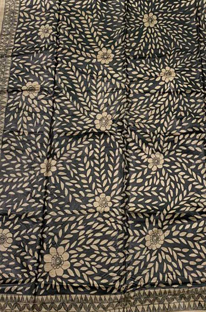 Black Hand Painted Madhubani Tussar Silk Saree - Luxurion World