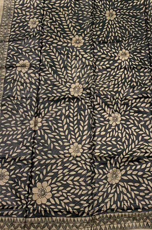 Black Hand Painted Madhubani Tussar Silk Saree - Luxurion World