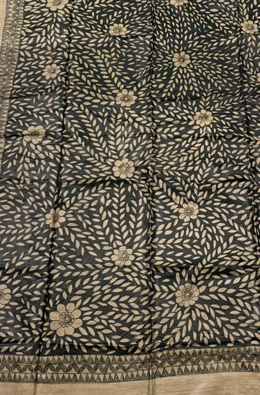 Black Hand Painted Madhubani Tussar Silk Saree - Luxurion World