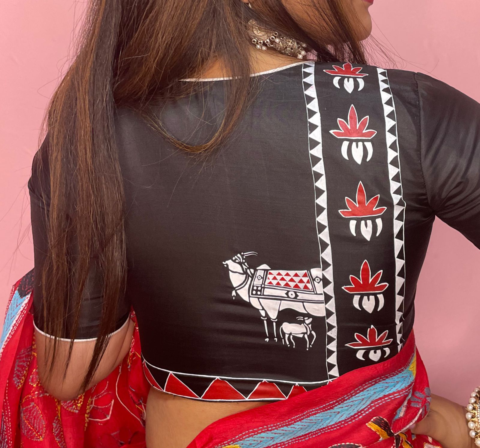 Black Hand Painted Pure Silk Pichwai U Neck Non Padded Stitched Blouse - Luxurion World
