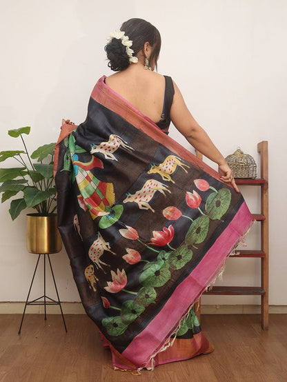 Black Hand Painted Tussar Silk Saree - Luxurion World