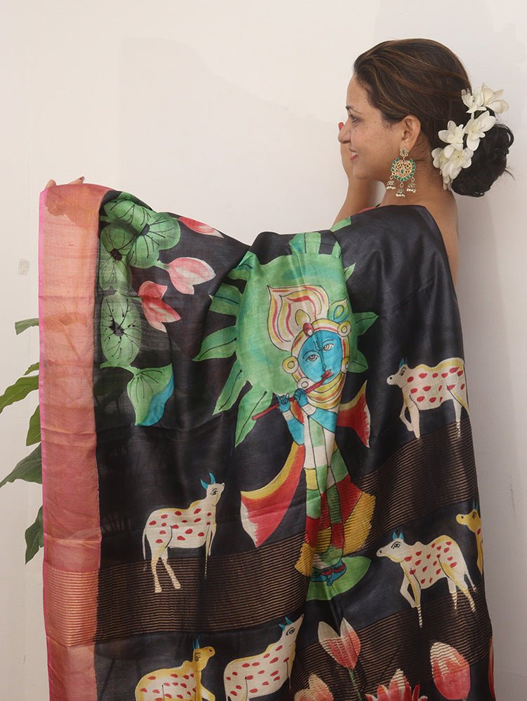 Black Hand Painted Tussar Silk Saree
