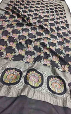 Black Handloom Banarasi Brush Dye Pure Georgette Dupatta - Luxurion World