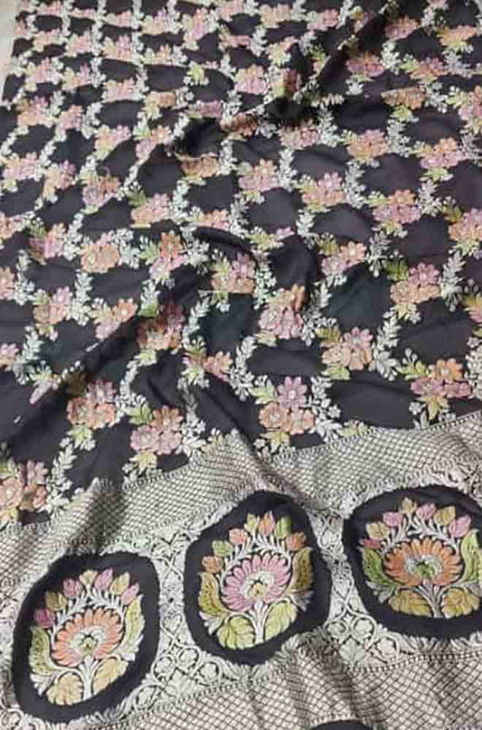 Black Handloom Banarasi Brush Dye Pure Georgette Dupatta - Luxurion World